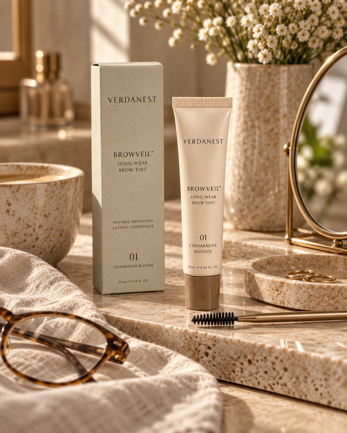 Verdanest BrowVeil morning vanity scene with glasses, mirror and brow brush